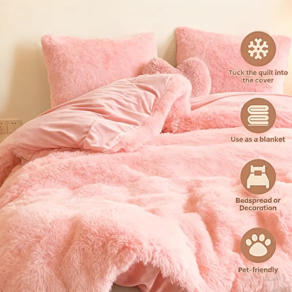 Velvet Duvet Cover Set Fluffy Plush Bedding Minimalist Solid Color, Carved Velvet Quilt Cover with Pillow Shams