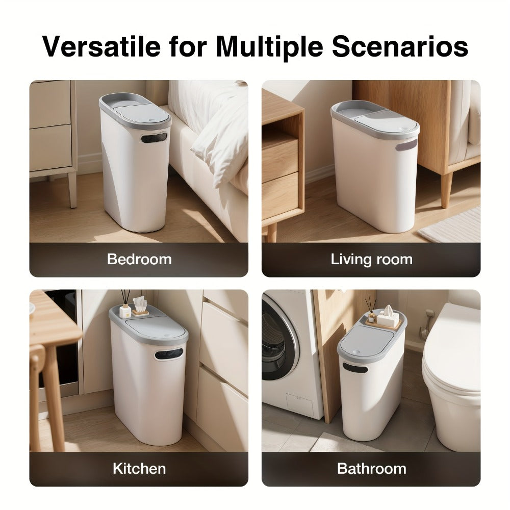Slim 10L Bathroom Wastebasket with Lid Tray, Built-In Side Handles and Single or Two-Piece Options