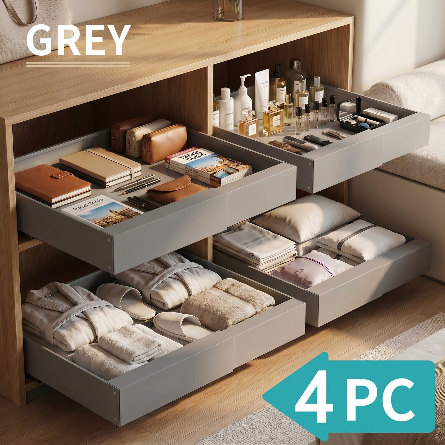 Expandable Pull-Out Cabinet Organizer with 12.6-20.5 Inch Width, Three-Track Slides and 2- or 4-Drawer Options