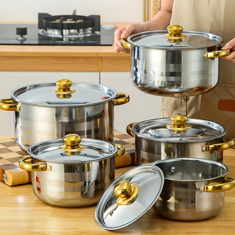 304 Stainless Steel Cookware Set with Golden Handles, 1/10/15pcs Deep Thick Soup Pot & Pan Set for Induction & Gas Stoves