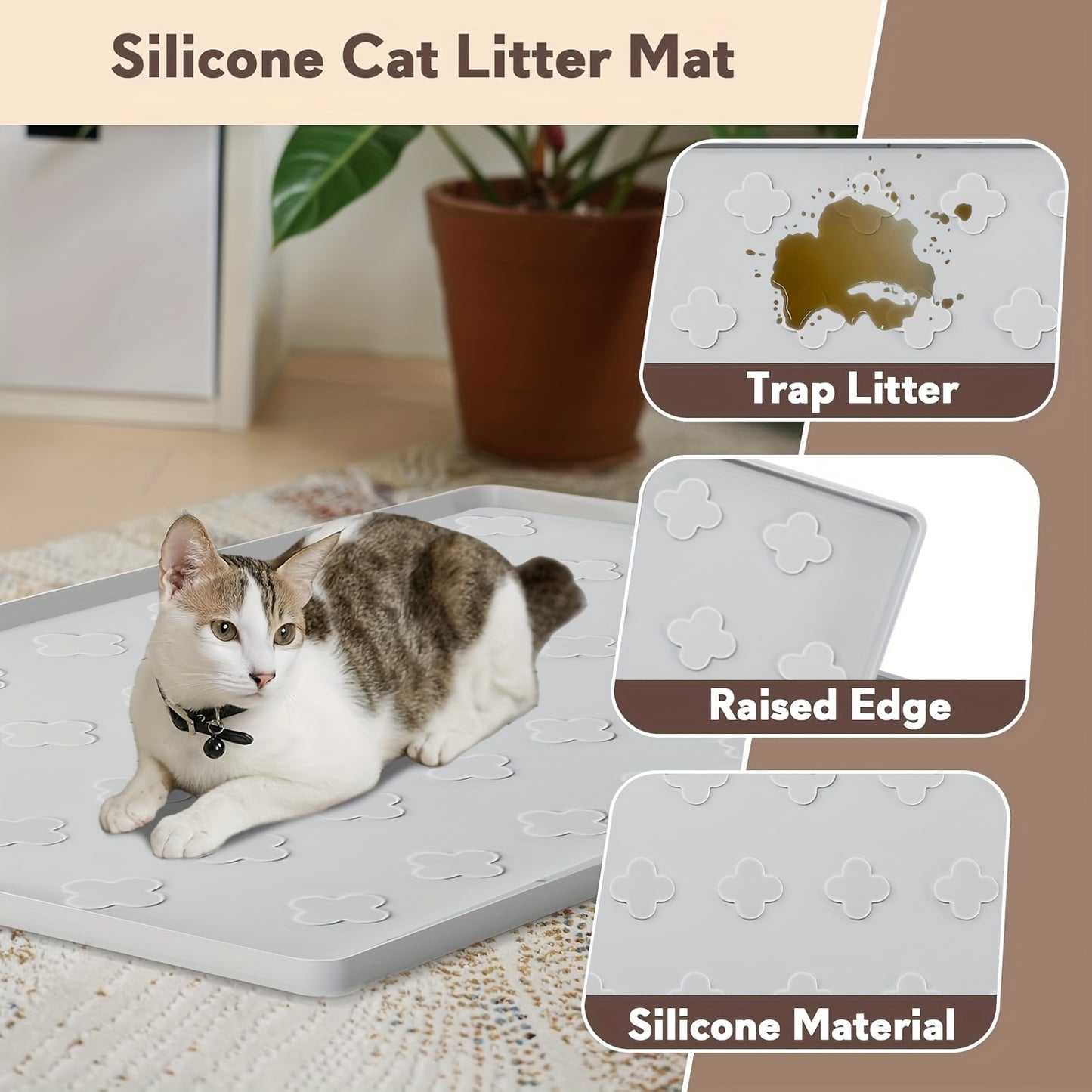 Cat Litter Mat XXL Silicone 34x22 Inch – 3-in-1 Waterproof Non-Slip Litter Trapping Mat with Raised Edges Easy Clean Foldable Pet Feeding