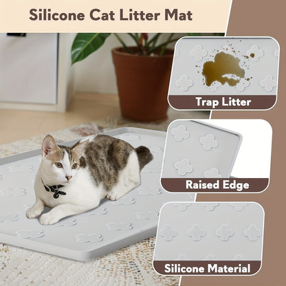 Cat Litter Mat XXL Silicone 34x22 Inch – 3-in-1 Waterproof Non-Slip Litter Trapping Mat with Raised Edges Easy Clean Foldable Pet Feeding