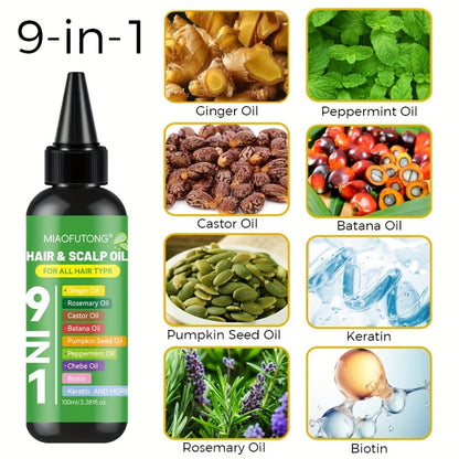 Hair Care Oil 9-in-1 with Turmeric, Rosemary, Castor Oil & Biotin – Deep Hydration, Frizz Control & Smoothness, Plant-Based Squalane