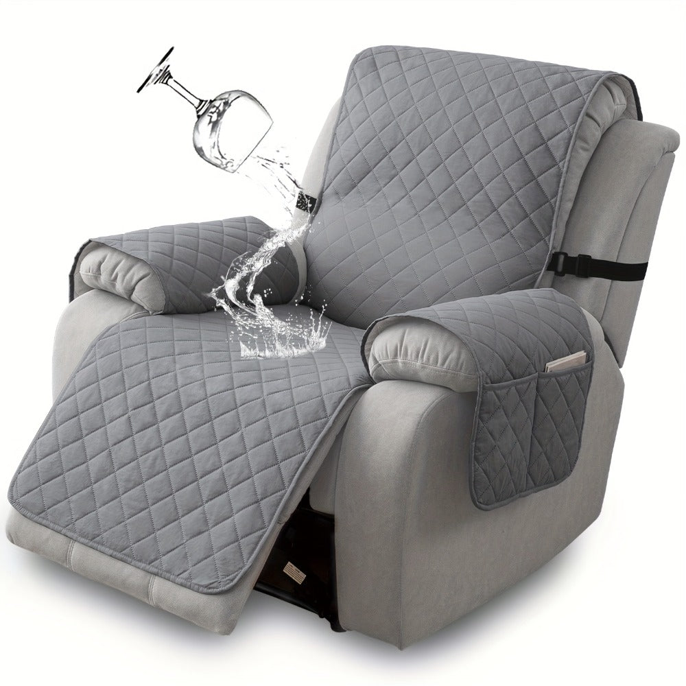 Diamond-Quilted One-Piece Recliner Chair Cover with Side Pocket, Buckle Strap and Eight Colors