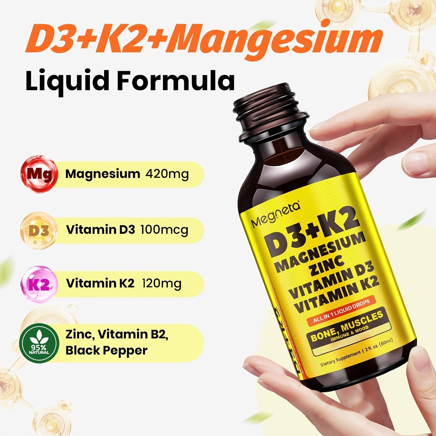 Vitamin D3 Liquid Drops 10000 IU with K2 MK-7 120mcg Magnesium Zinc Vitamin B2 for Bath Time, Home Spa and Personal Care