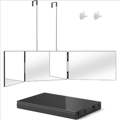 Three-Way Folding Mirror for Haircutting 360° View Anti-Fog HD Glass Height-Adjustable Telescopic Hook – Foldable Three-Sided Mirror
