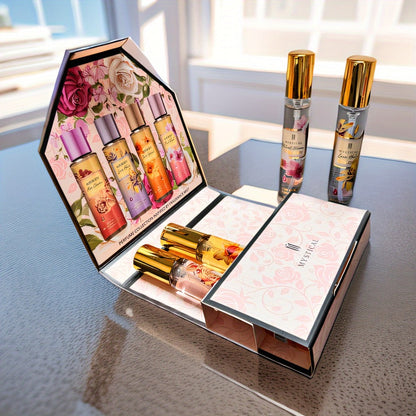 Perfume Gift Set Four 20ml Slim Spray Bottles with Gold Caps in Pink or Botanical Hinged Boxes