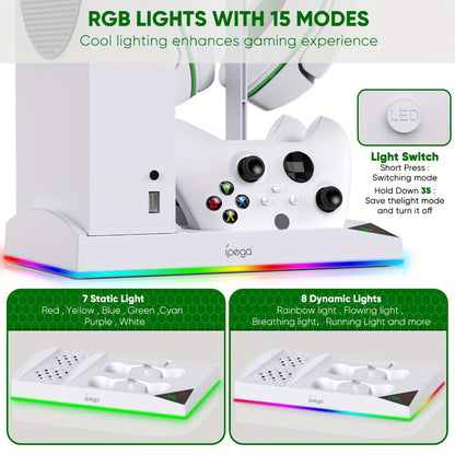 RGB Console Stand Compatible with Xbox Series S, Dual Controller Charging Bays and Two 1400mAh Battery Packs