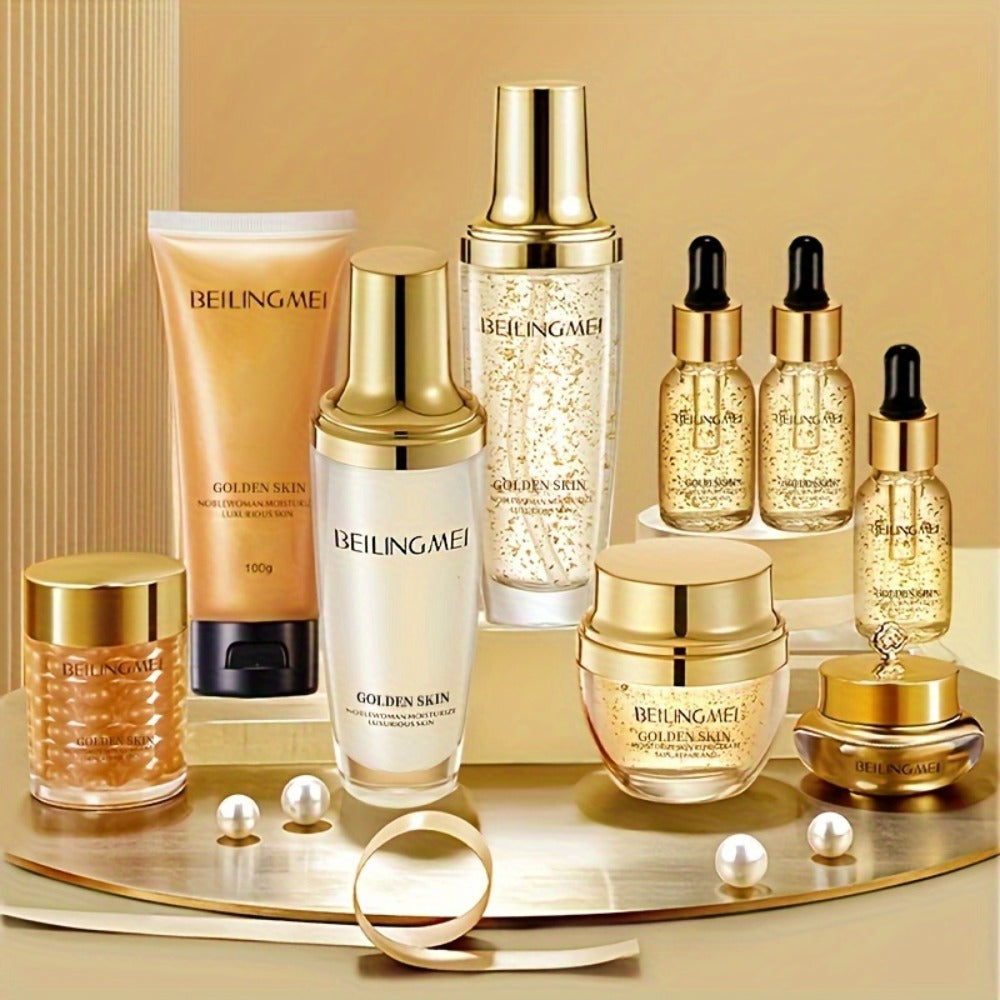 Skincare Set with BEILINGMEI Label, 9 Golden-Skin Collagen Hyaluronic Acid and Niacinamide Items