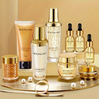 Skincare Set with BEILINGMEI Label, 9 Golden-Skin Collagen Hyaluronic Acid and Niacinamide Items