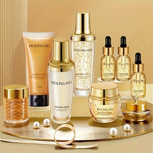 Skincare Set with BEILINGMEI Label, 9 Golden-Skin Collagen Hyaluronic Acid and Niacinamide Items