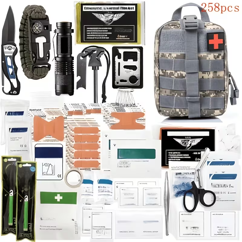 Outdoor Survival Gear Set 11/13/258-Piece – Professional Emergency Kit with Fire Starter & Compass | Multi-Tool Outdoor Equipment