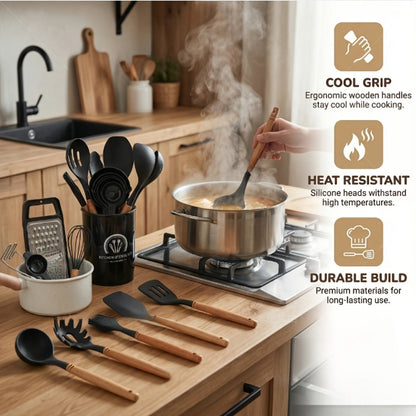 Silicone Kitchen Utensil Set 12PCS with Wooden Handle – Heat Resistant Non-Stick Safe for Home Cooking, Dining and Outdoor Meals