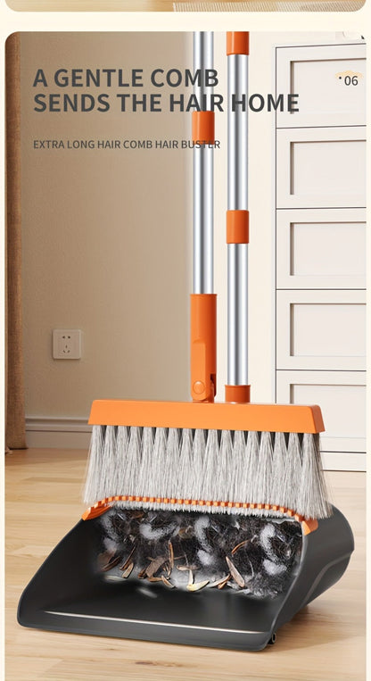 Folding Broom and Dustpan Set with Sectioned Handle, Rotating Head and Nine Blue, Orange or Khaki Checkout Options