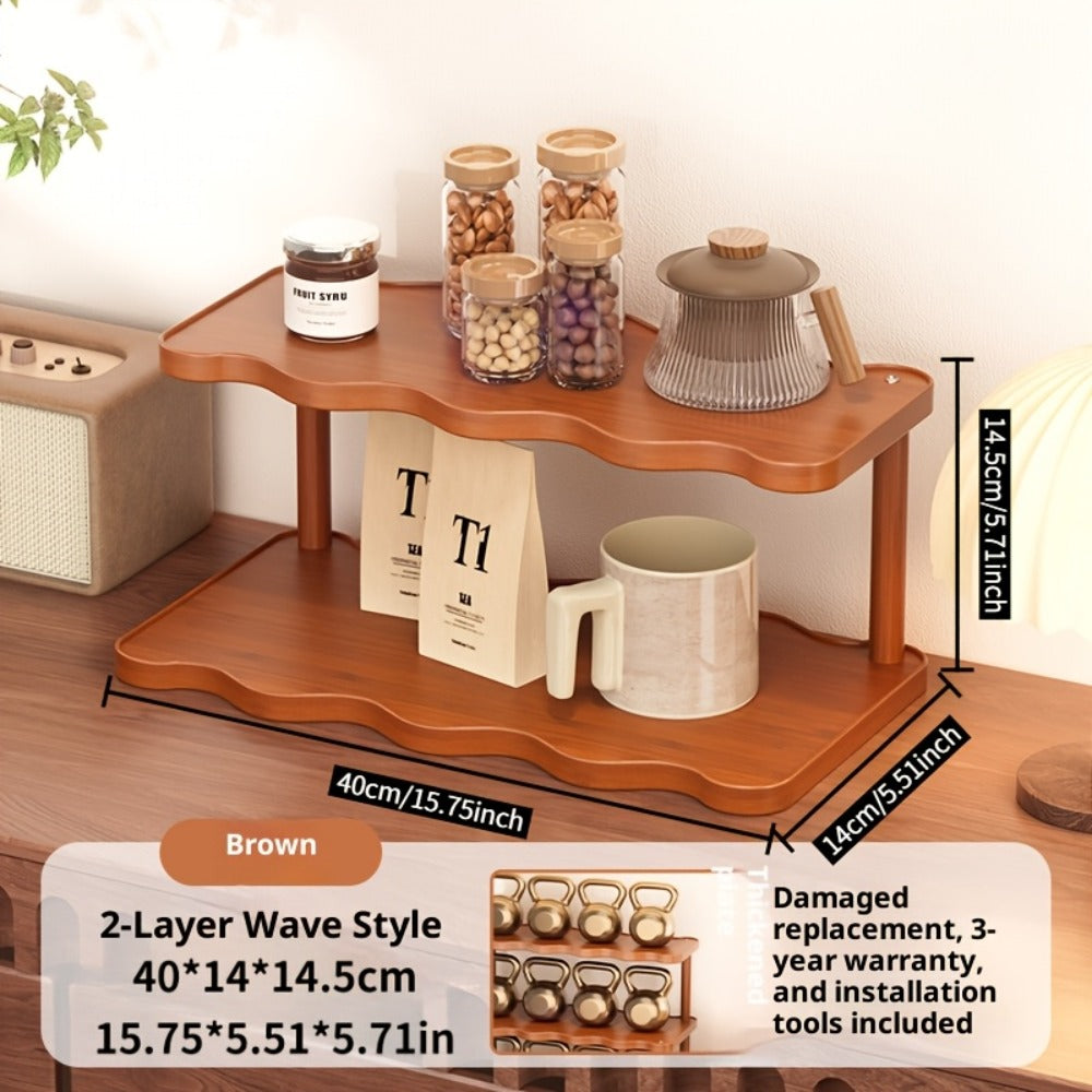Cup Display Rack Kitchen Organizer 2 or 3 Tier Wave-Style Ladder Shelf in Six Brown Variant Options