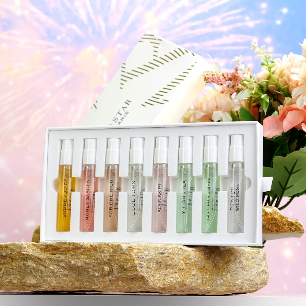 8 Piece Women's Perfume Gift Set Travel Size Mini EDT Bottles - Patchouli Fresh Floral Scents for Bath Time, Home Spa and Personal Care