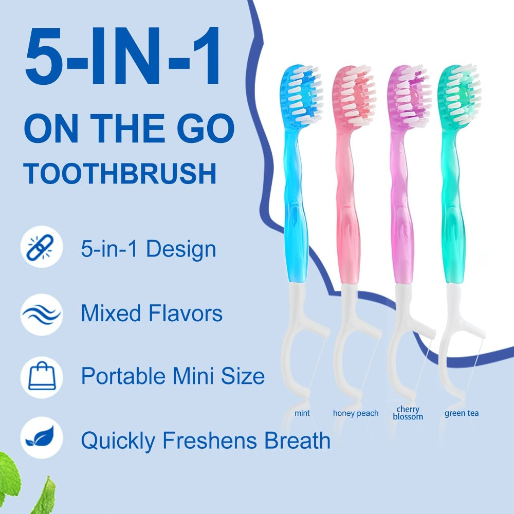 Travel Disposable Toothbrush 5-in-1, Pre-Applied Mint Toothpaste, Floss, Pick & Tongue Scraper, Soft Nylon
