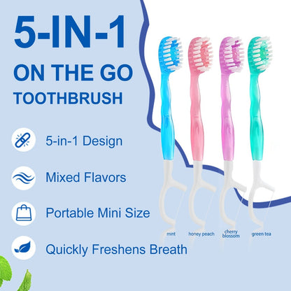 Travel Disposable Toothbrush 5-in-1, Pre-Applied Mint Toothpaste, Floss, Pick & Tongue Scraper, Soft Nylon