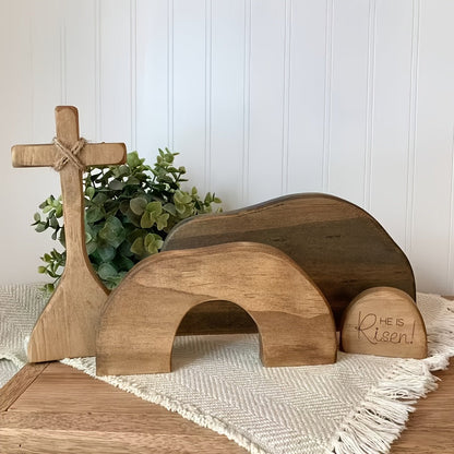 Easter Cross Decoration Wood He Is Risen Wooden Tomb Easter Resurrection Scene for Tray, Tabletop & Shelf