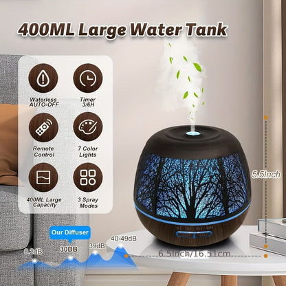 400 ml Metal-Hollow Aromatherapy Diffuser with Remote, Seven-Color Light and Four Pattern Options