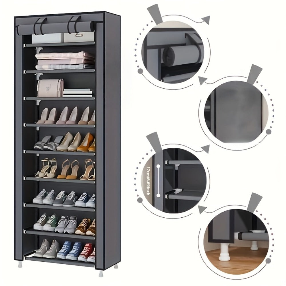 Shoe Rack 10-Tier Gray Portable Organizer for Up to 50 Pairs with Nonwoven Cover and Steel Frame