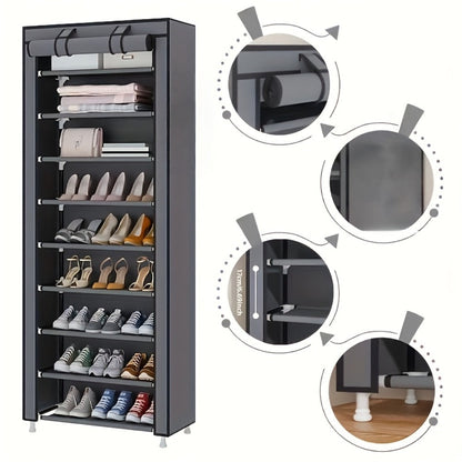 Shoe Rack 10-Tier Gray Portable Organizer for Up to 50 Pairs with Nonwoven Cover and Steel Frame