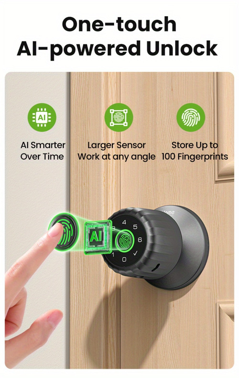 GHome KD03 PRO Smart Door Knob 4-in-1 with USB-C Charging & Gateway Remote – Fingerprint, Keypad & App, Anti-Peep, Tamper Alarm
