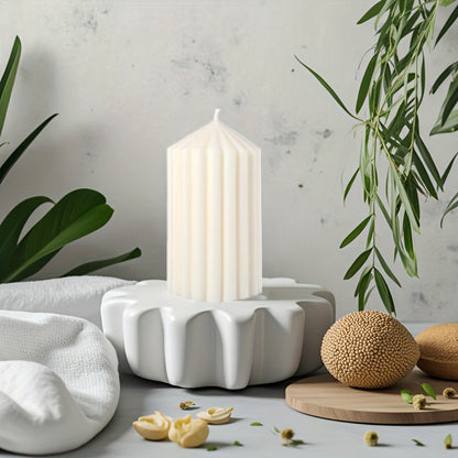 White Ribbed Soy Wax Pillar Candle Pair with Two Matched Sizes or One-of-Each Mixed-Size Option