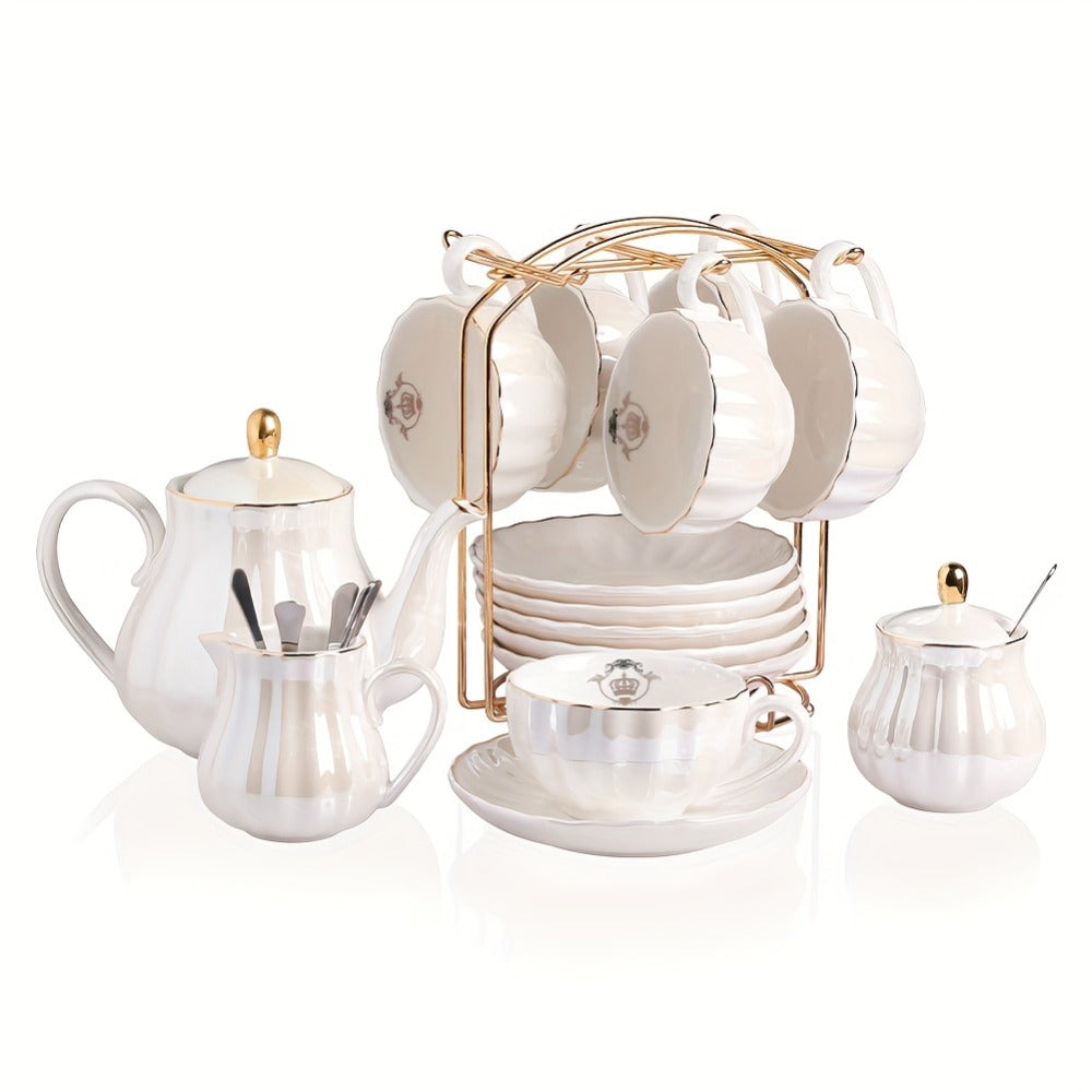 Porcelain Tea Set Service for 6 British Royal Floral Design with Teapot Sugar Bowl Cream Pitcher Teaspoons Tea Strainer 8oz Cups Saucers