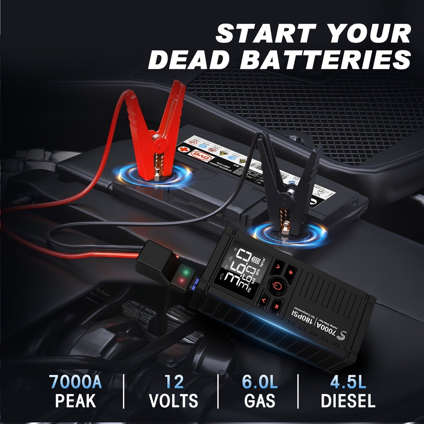 7000A Jump Starter 8-in-1 29800mAh with Air Compressor Tire Inflator SOS LED Flashlight Power Bank for Garden, Patio and Yard Use