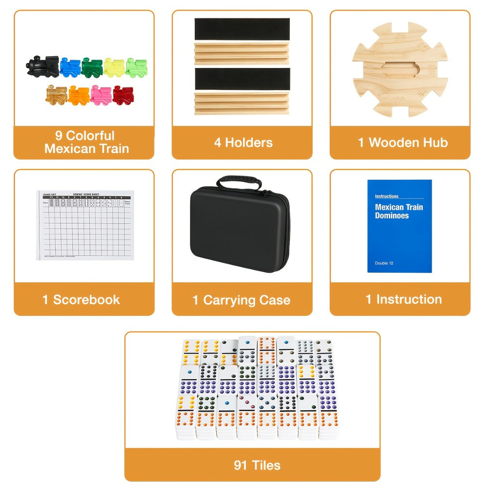 Mexican Train Dominoes Double 12 Set – 91 Colorful Tiles, 9 Metal Trains & 4 Wooden Racks, Complete Strategy Board Game with EVA Travel Case