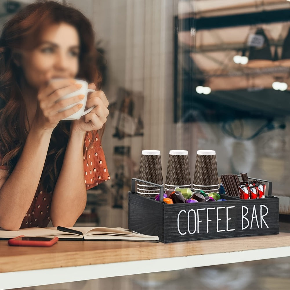 Wooden Coffee Bar Organizer with Farmhouse Sign and Rectangular Tray for Pods, Sugar, Creamer and Countertop Accessories