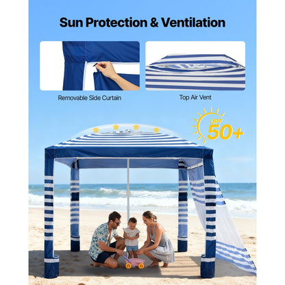 Beach Cabana 8x8ft UPF 50+ Adjustable Height Side Wall Navy Stripes for Garden, Patio and Yard Use