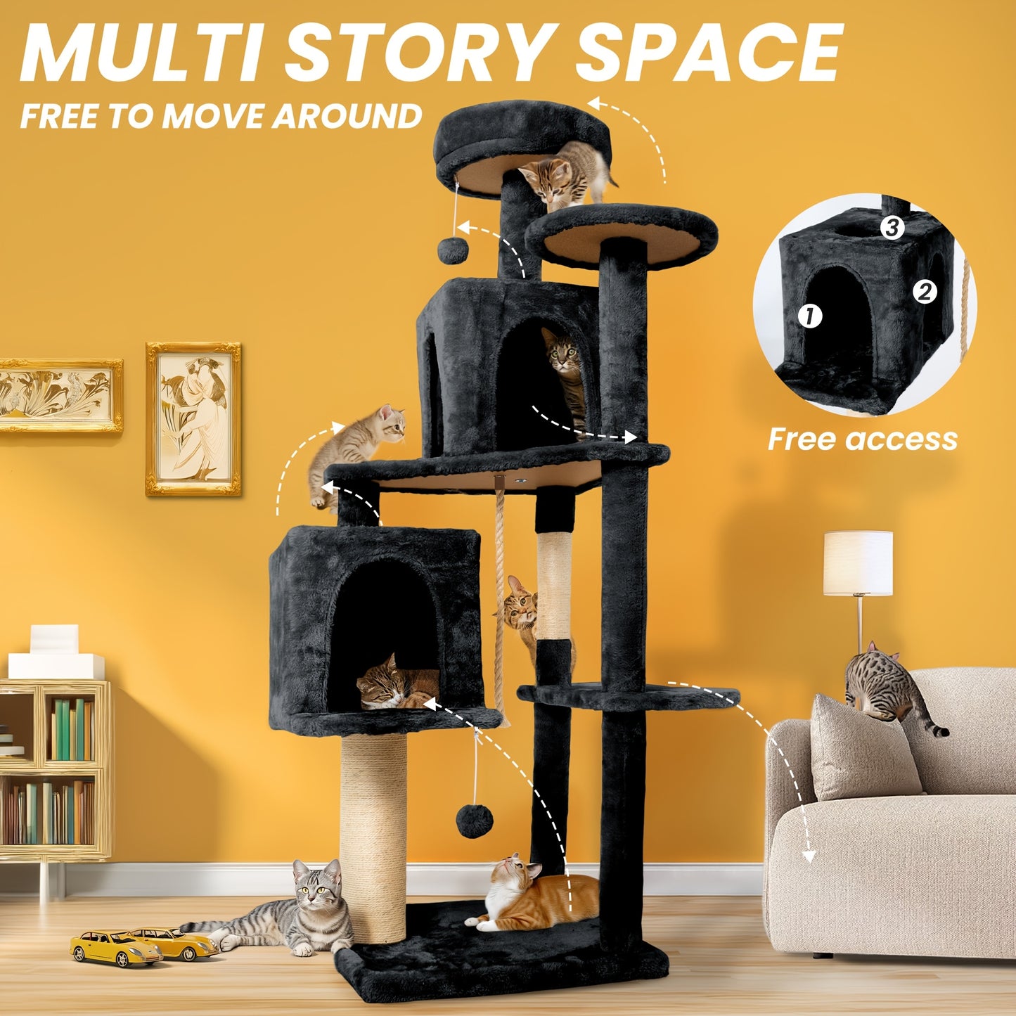 Cat Tree Tower 59 Inch Large Multi-Level Cat Tower for Indoor Cats with Plush Resting Area, Sisal Scratching Post & Hanging Ball Toy
