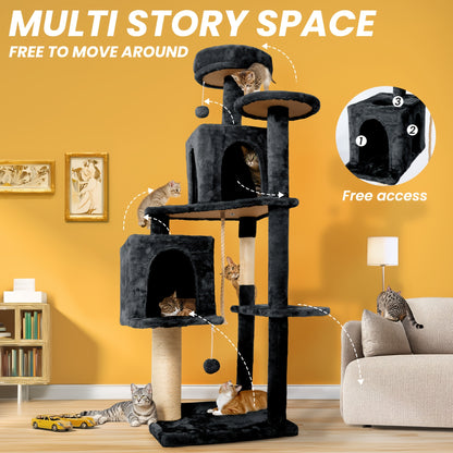 Cat Tree Tower 59 Inch Large Multi-Level Cat Tower for Indoor Cats with Plush Resting Area, Sisal Scratching Post & Hanging Ball Toy