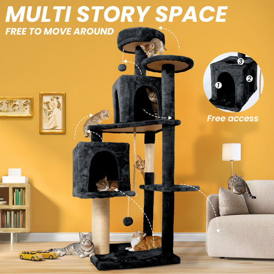 Cat Tree Tower 59 Inch Large Multi-Level Cat Tower for Indoor Cats with Plush Resting Area, Sisal Scratching Post & Hanging Ball Toy