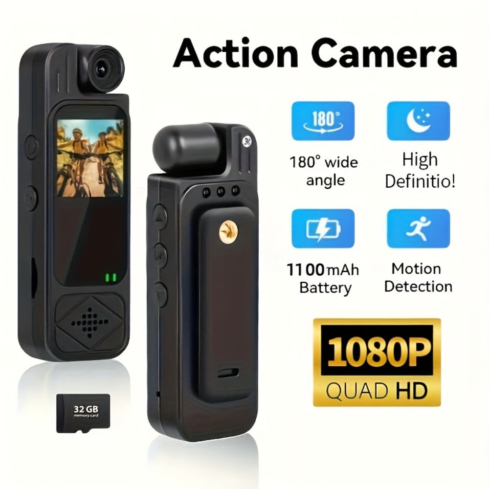 1080P Body Camera 180° Rotating Lens Portable Handheld Camcorder, USB Rechargeable, Compact Video Recorder for Vlogging Travel Meetings