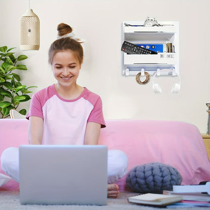 Self-Adhesive Bedside Wall Organizer Shelf with Dual Trays, Five Hooks and Black or White Finish