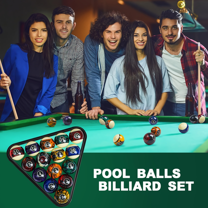20-Piece Pool Ball and Cue Set with 16 Graphic Billiard Balls, Two Cues and Two Ball Racks
