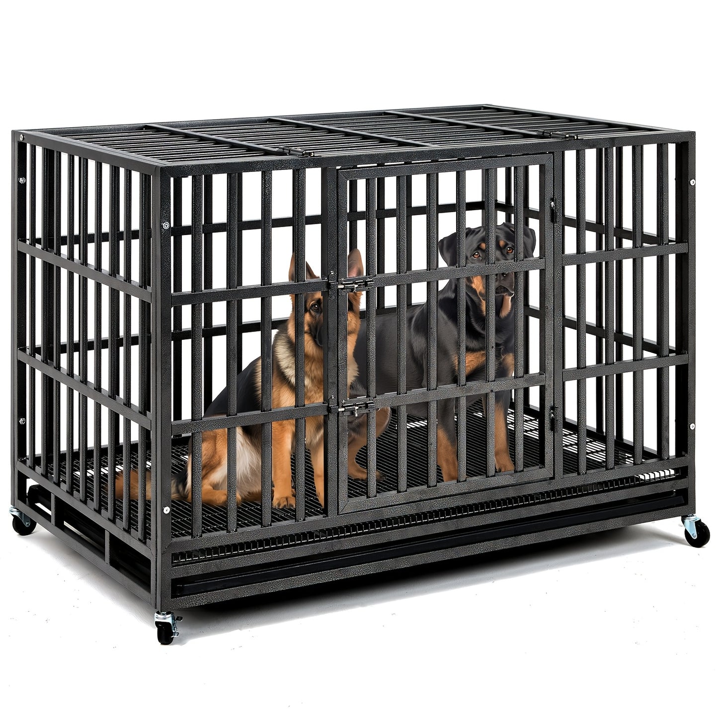 Heavy Duty Escape-Proof Dog Crate with Wheels & Removable Tray – Double Door Indoor Kennel for Large & XL Dogs | 42IN & 48IN