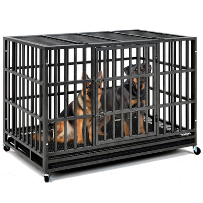 Heavy Duty Escape-Proof Dog Crate with Wheels & Removable Tray – Double Door Indoor Kennel for Large & XL Dogs | 42IN & 48IN