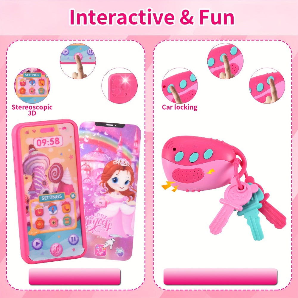 Pink Princess Play Purse Set for Girls, Pretend Makeup Handbag with Phone, Lipstick, Keys & Crossbody Bag