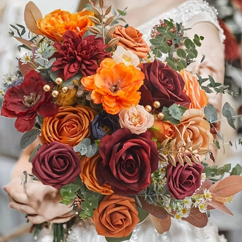 Artificial Flowers Foam Rose Bouquet with Orange, Wine Red and Blue Blooms plus Flexible Metal Stem
