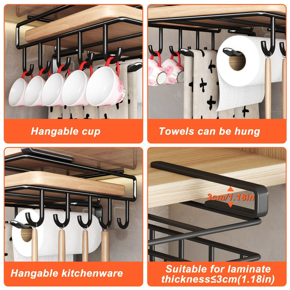 Under Cabinet Organizer Rack with Hooks, Carbon Steel Kitchen Shelf for Utensils, Towels, Cups & Cutting Boards