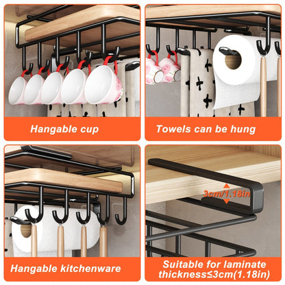 Under Cabinet Organizer Rack with Hooks, Carbon Steel Kitchen Shelf for Utensils, Towels, Cups & Cutting Boards