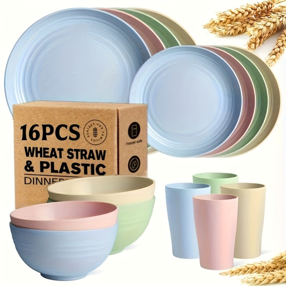 Wheat Straw Dinnerware Set 16 or 32 Piece – Plates & Bowls for 4 or 8 People, Microwave & Dishwasher Safe Plastic Dish Set