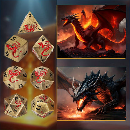 Dragon Metal Dice Set 7pcs Hand-Polished, Retro Carved Dragon Pattern Polyhedral DnD TTRPG RPG Dice with Dragon Storage Bag