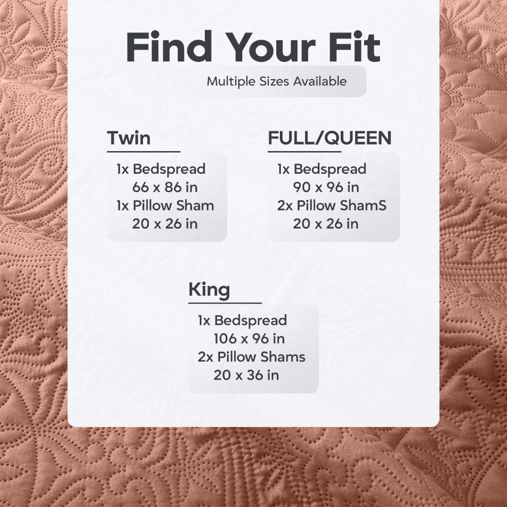 Floral-Pattern Three-Piece Bedspread Set in 16 Colors with Twin, Queen, King and California King Sizes