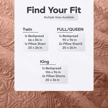 Floral-Pattern Three-Piece Bedspread Set in 16 Colors with Twin, Queen, King and California King Sizes