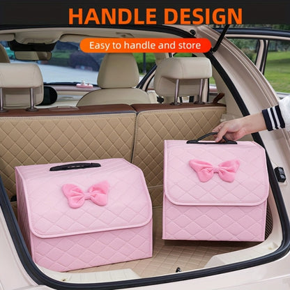 Car Trunk Organizer, Foldable Faux Leather Bow-Detail Box in 30L or 35L Size with Pink and Black Options
